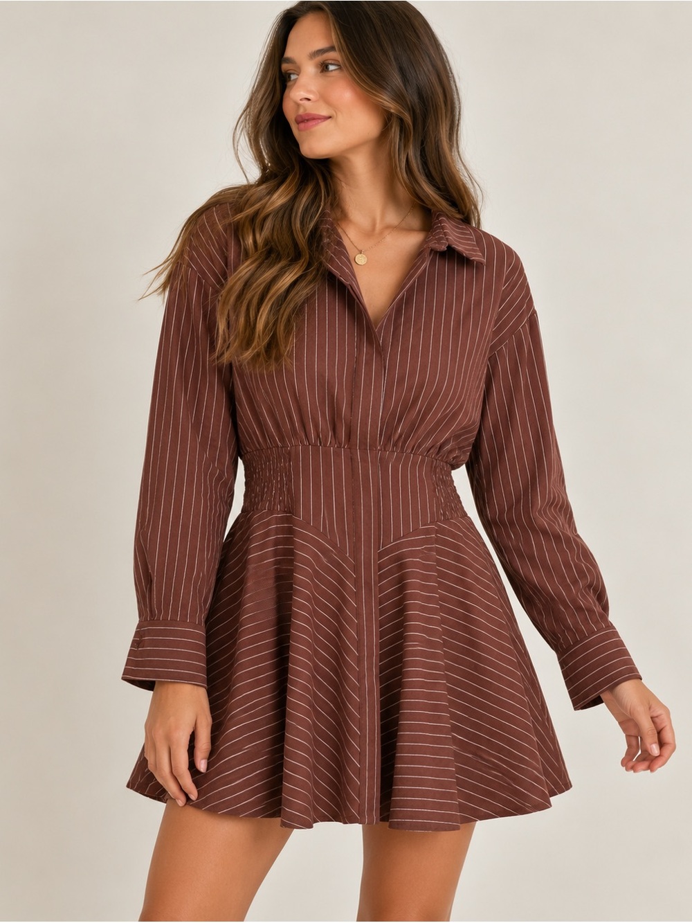 Showpo Whitley Chocolate Pinstripe Long Sleeve Shirt Mini Dress NWT US 10